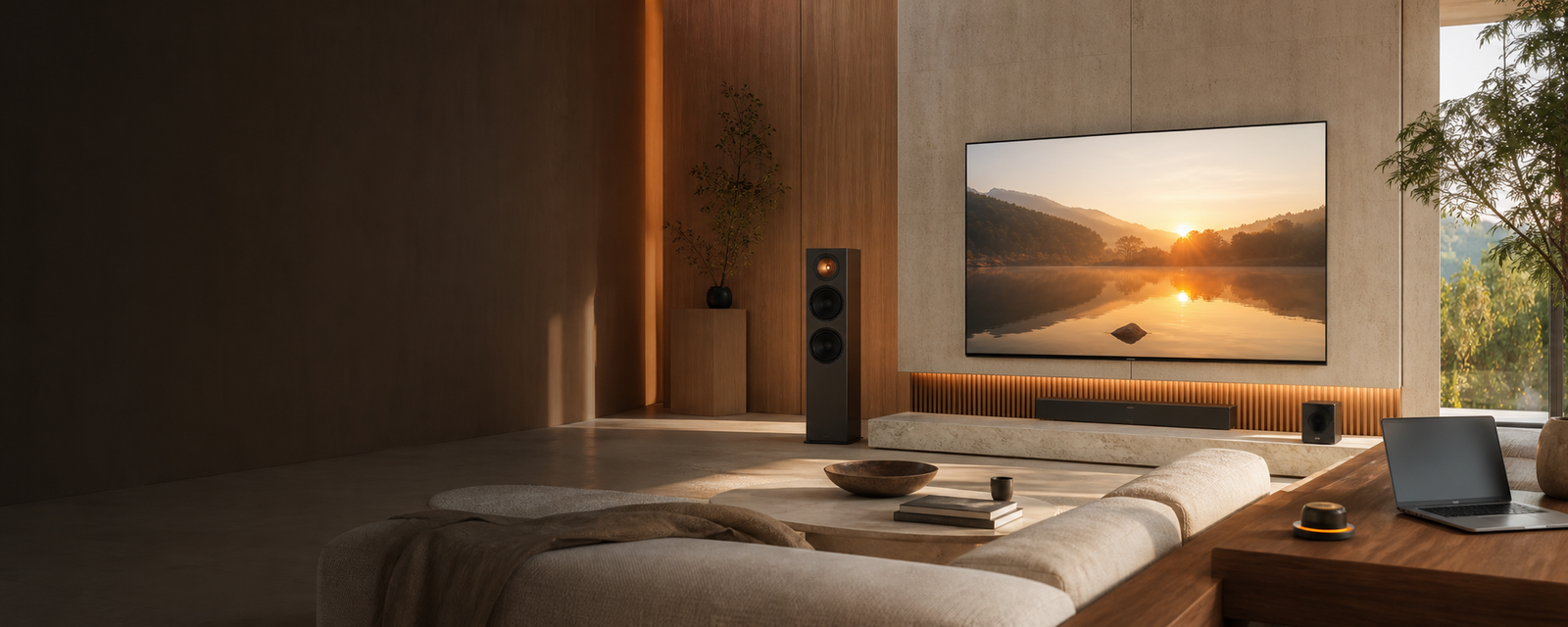 Premium home technology integrated into a warm modern living room