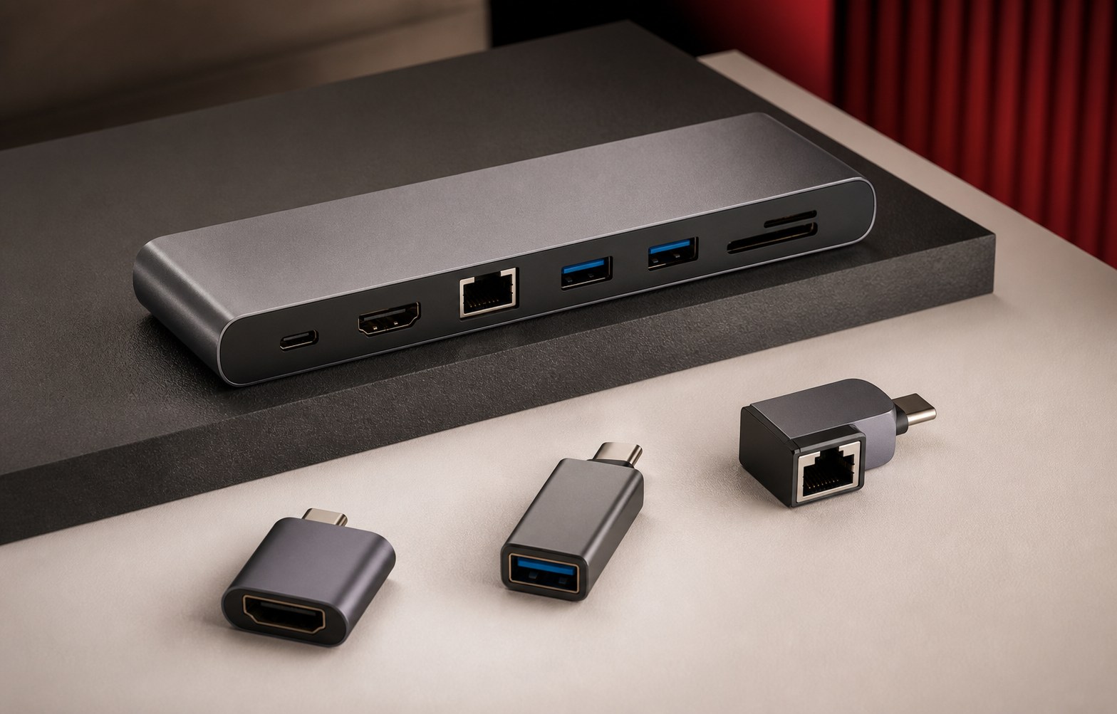 Compact docking hub, adapters and cables for connecting multiple devices
