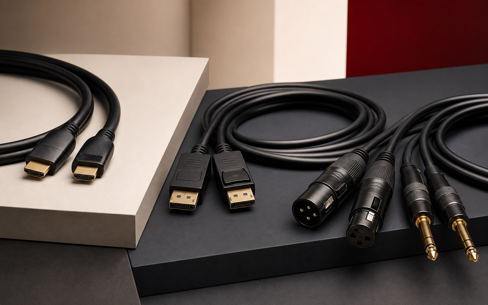 Professional audio-visual cables and connectors arranged for reliable installation