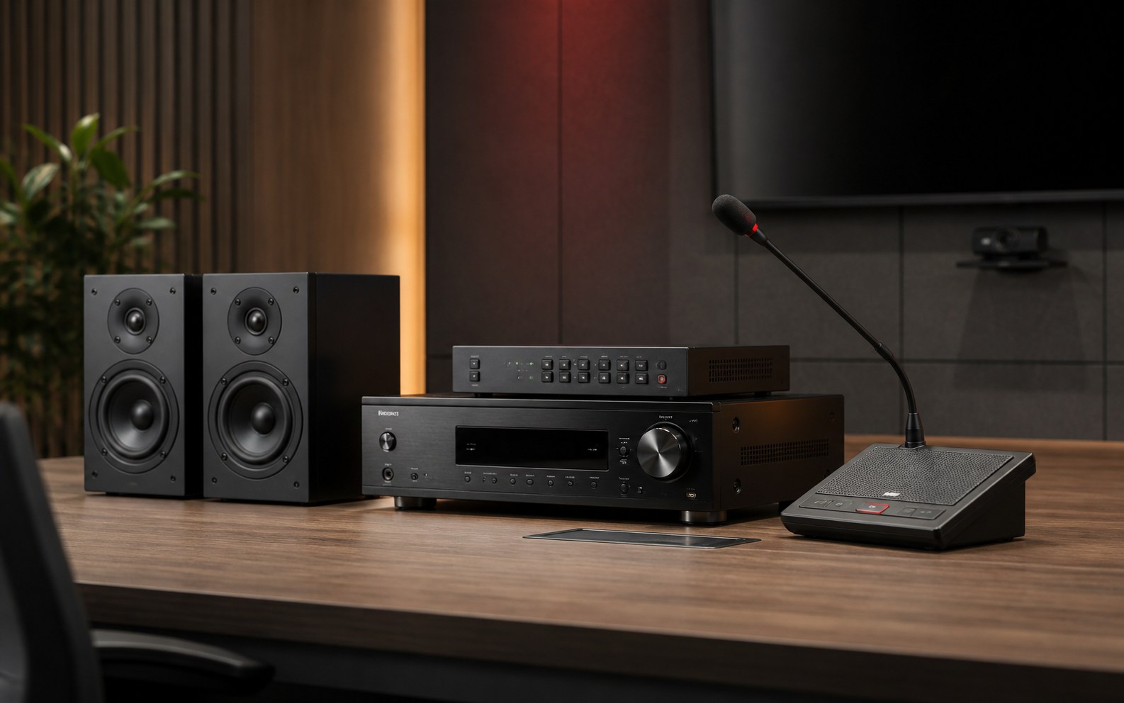 Professional audio-visual receiver and display equipment arranged together