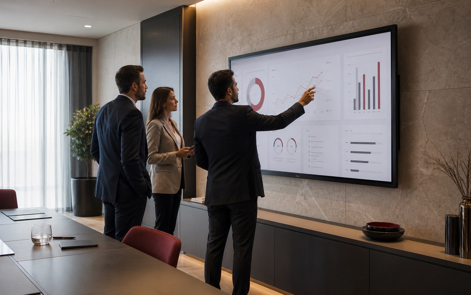 Business team collaborating directly on a large interactive workplace display