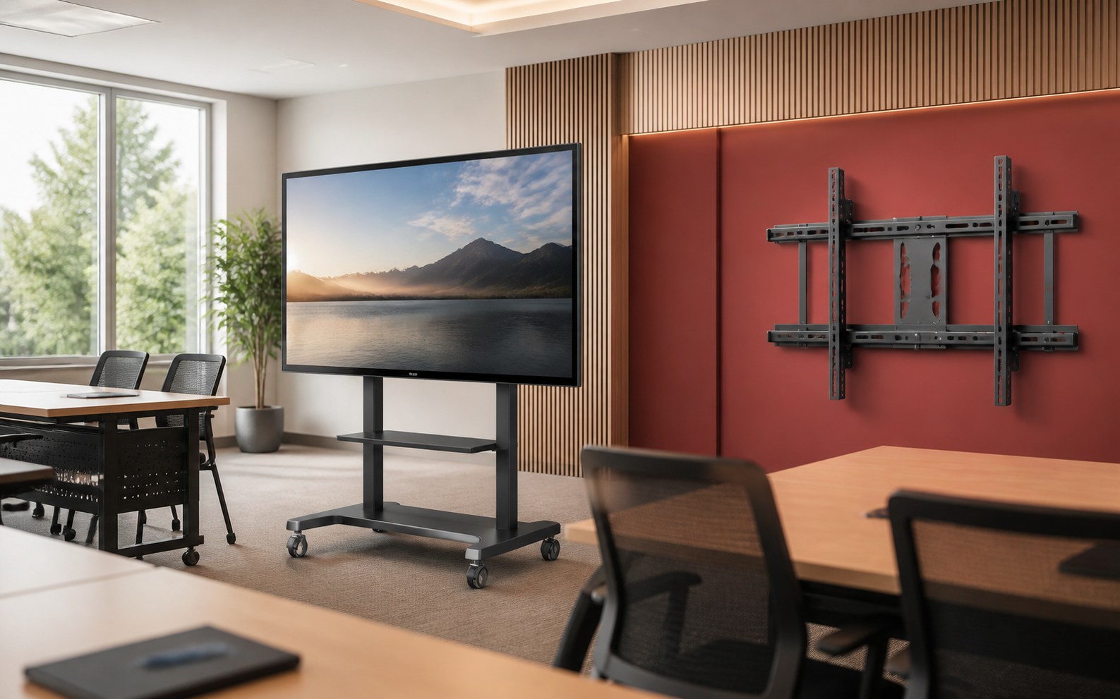 Interactive display positioned securely within a professional meeting space