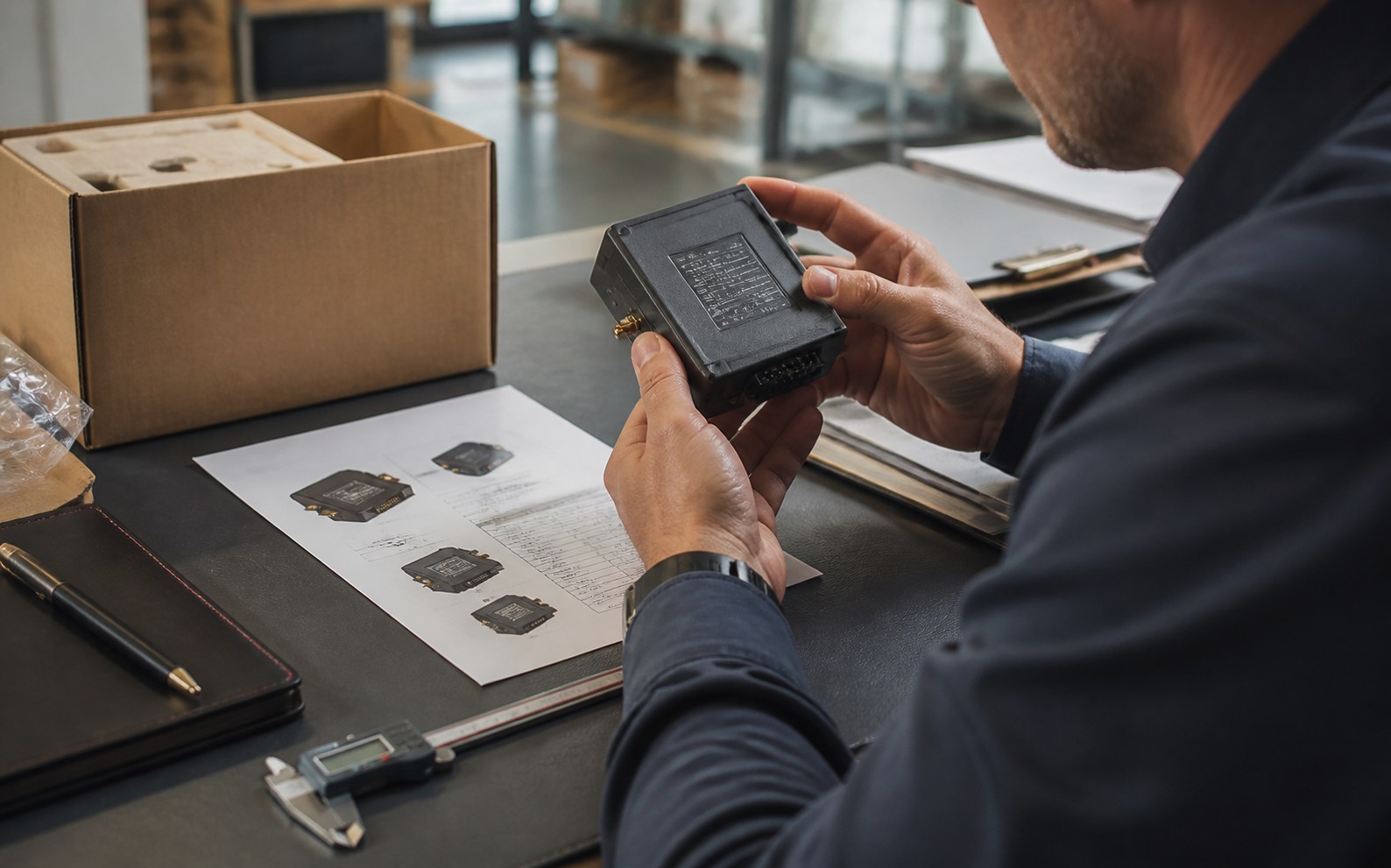 Procurement specialist reviewing a known product sample and reference materials