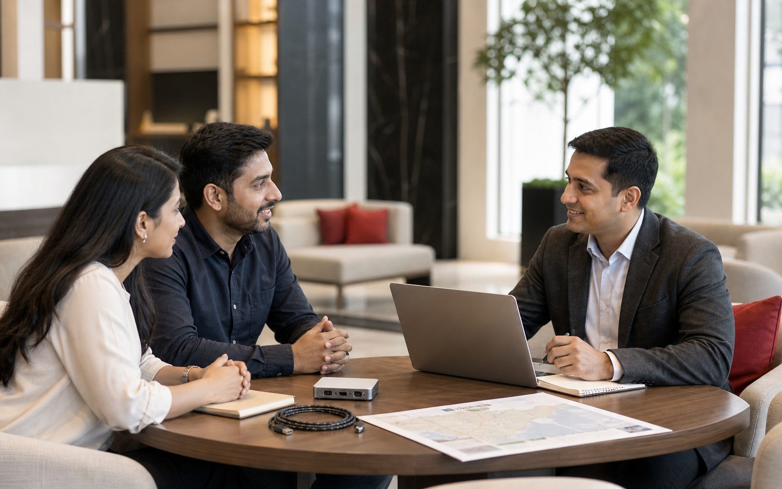 A Satyug consultant discusses a technology and connectivity requirement with two business clients
