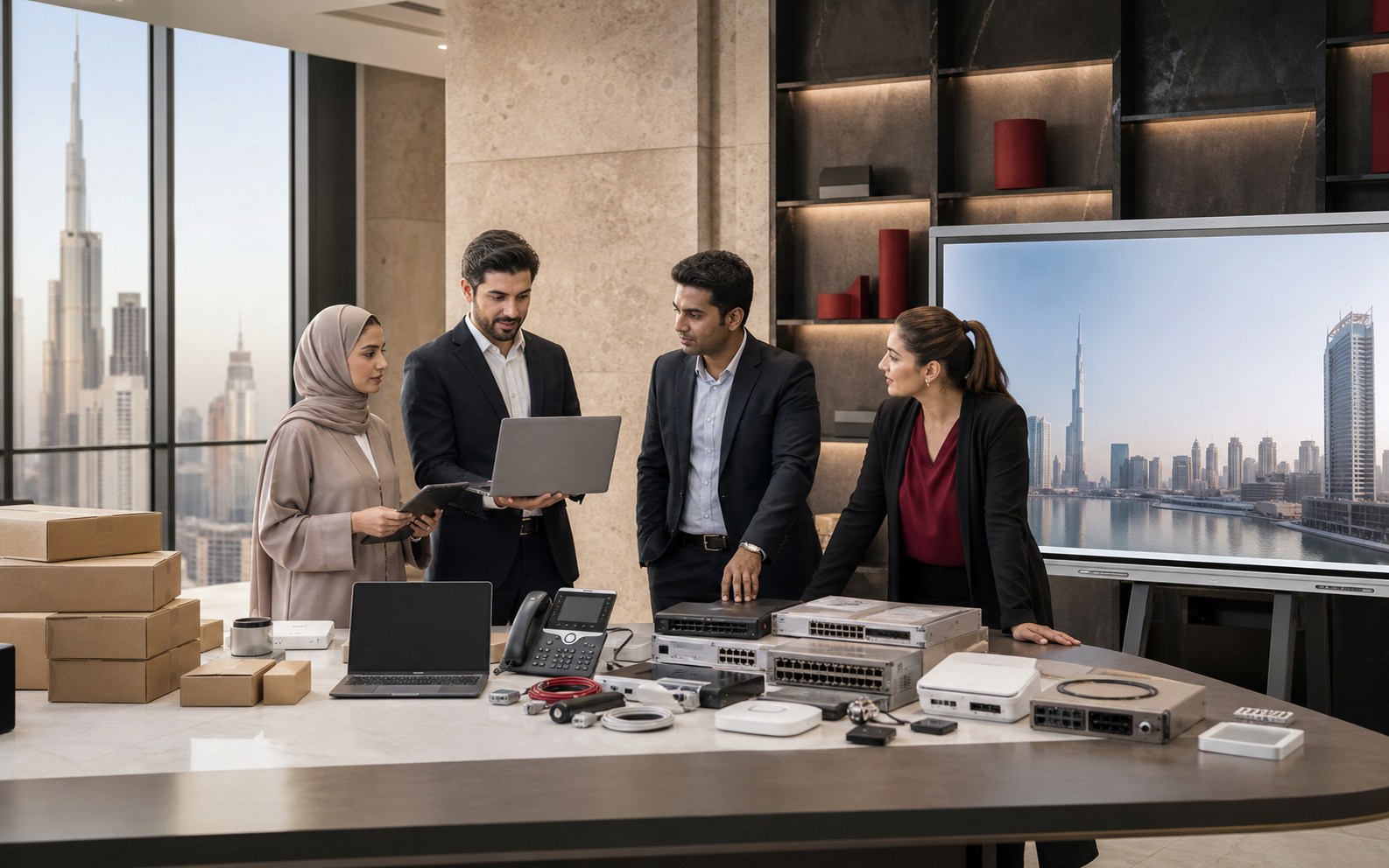 Dubai business and technical team reviewing products for UAE and international markets