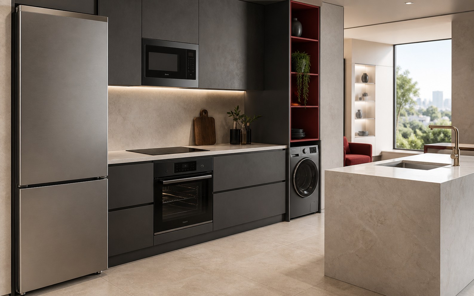 Premium appliances integrated into a contemporary hospitality interior