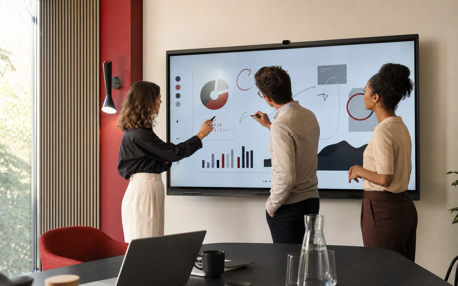 Team collaborating around a large interactive display in a modern meeting room