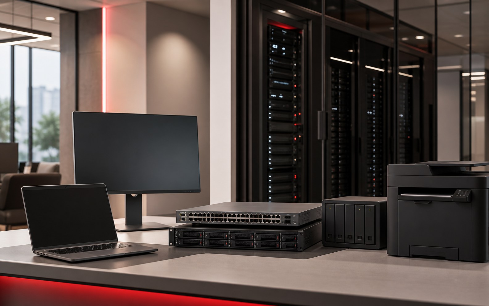 Premium business computing and network infrastructure arranged in a modern technology workspace