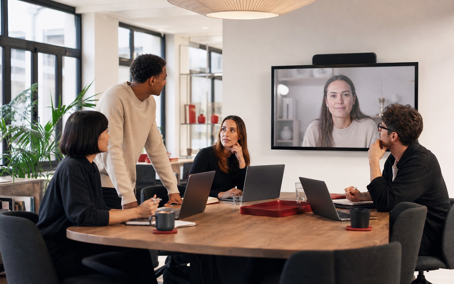 Modern hybrid workplace with connected devices and productive teams