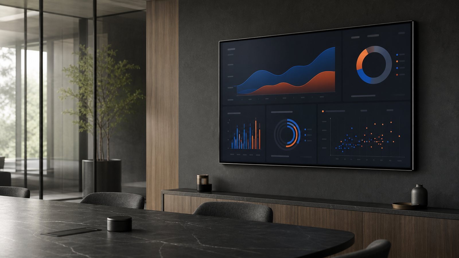 A premium interactive display installed in a calm modern workspace
